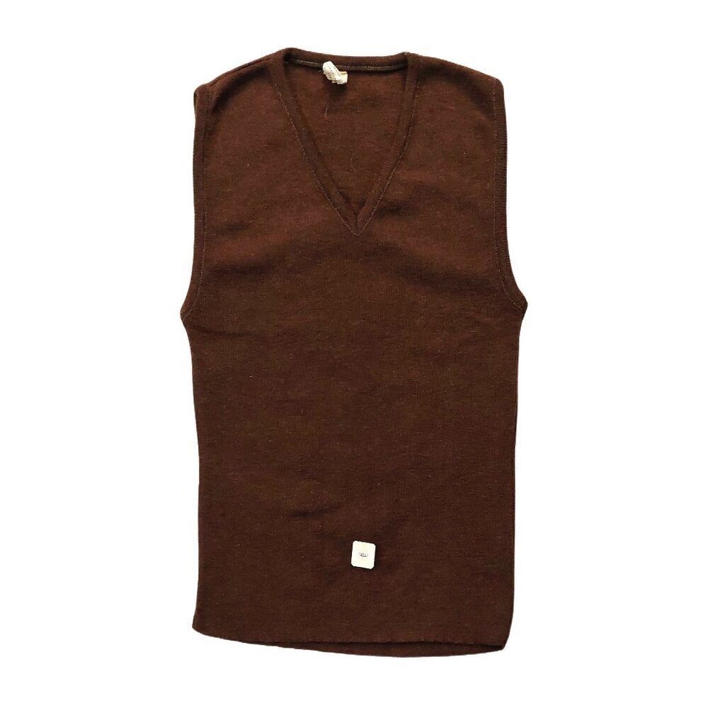 Retro Vintage 1960s Dark Brown V-Neck Sleeveless Knit Top Sweater Vest